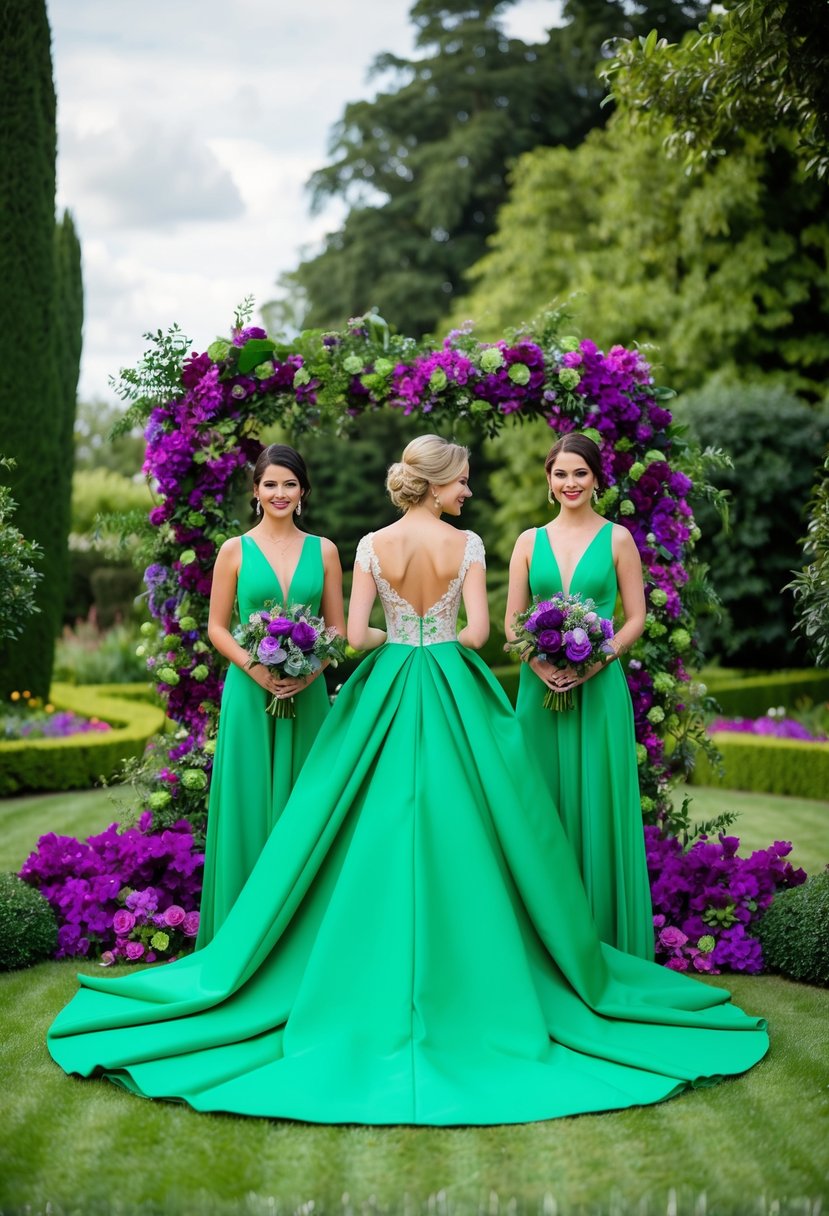 A lush garden setting with bold green wedding gowns, surrounded by vibrant purple and green floral arrangements