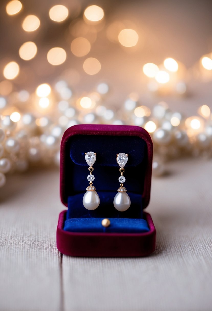 A delicate pair of pearl and diamond earrings displayed on a velvet cushion with soft, romantic lighting