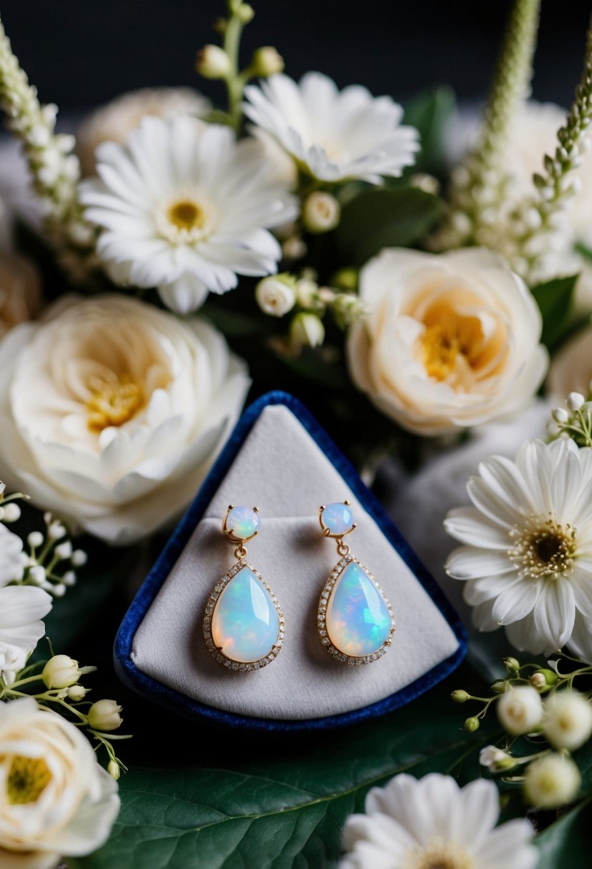 Opal teardrop earrings displayed on a velvet cushion with soft lighting, surrounded by delicate floral arrangements for wedding inspiration