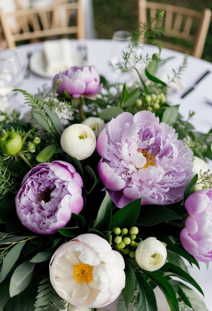 Lush purple peonies and delicate ranunculus arranged with green foliage for a wedding centerpiece