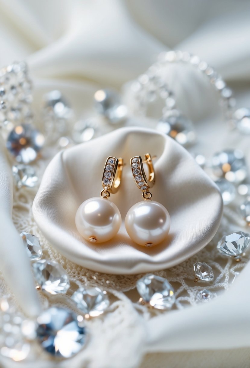 A delicate pair of pearl earrings resting on a bed of soft white silk, surrounded by shimmering crystals and delicate lace