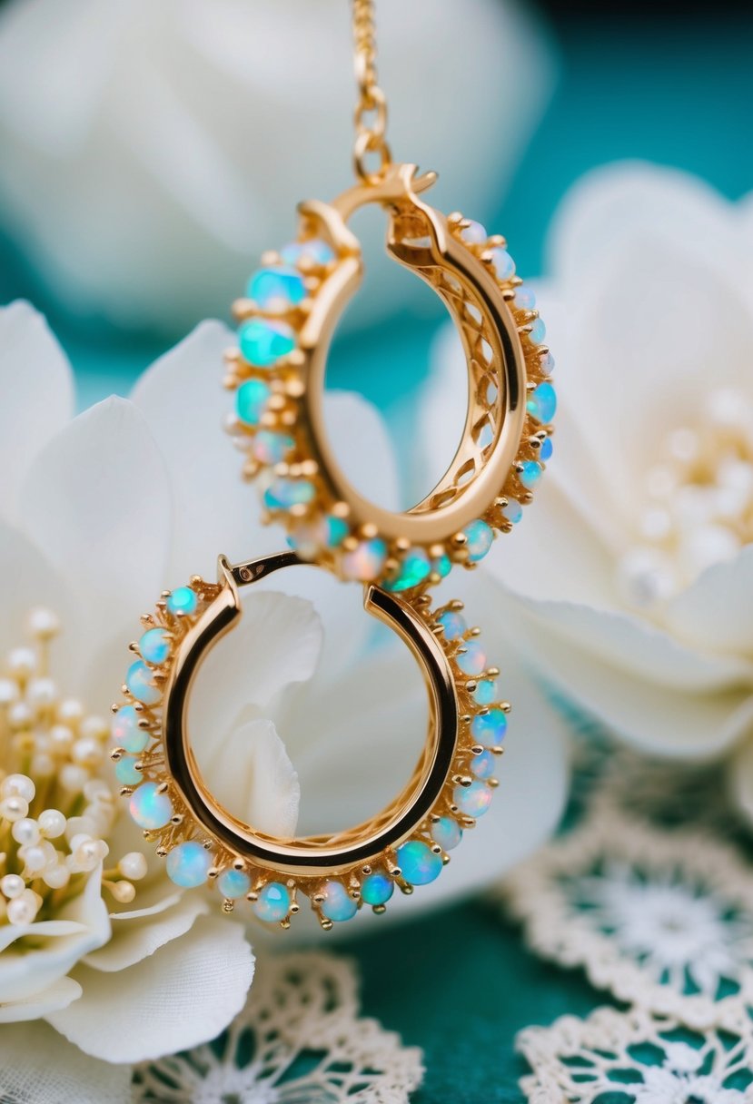 A pair of gold-plated opal hoops suspended in mid-air, surrounded by delicate floral and lace motifs