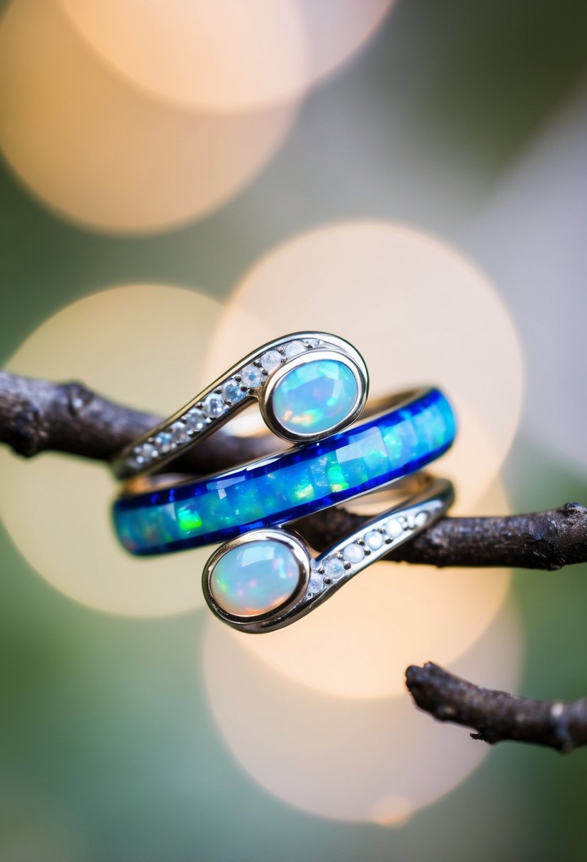 Opal and sapphire earrings intertwined in a delicate, twisting design