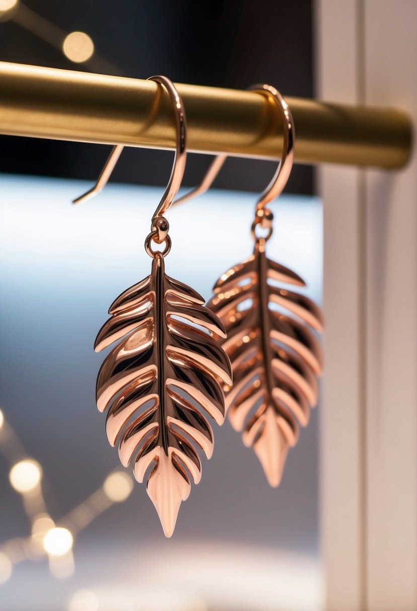 A pair of rose gold leaf-shaped earrings dangle from a display, catching the light and casting a delicate shadow