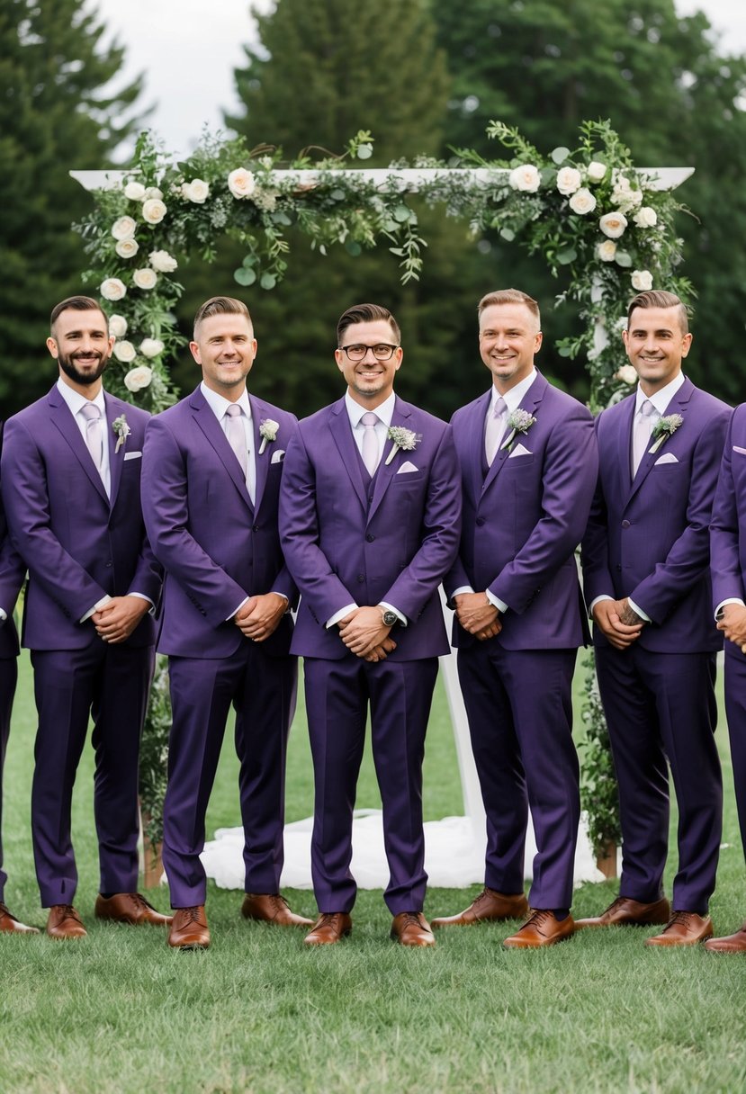 A group of groomsmen in matching purple suits stand against a backdrop of greenery at a wedding ceremony