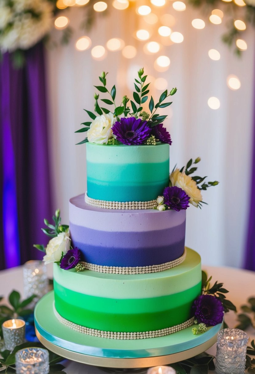 A three-tiered ombré cake with shades of green and purple, adorned with floral accents and surrounded by matching decor