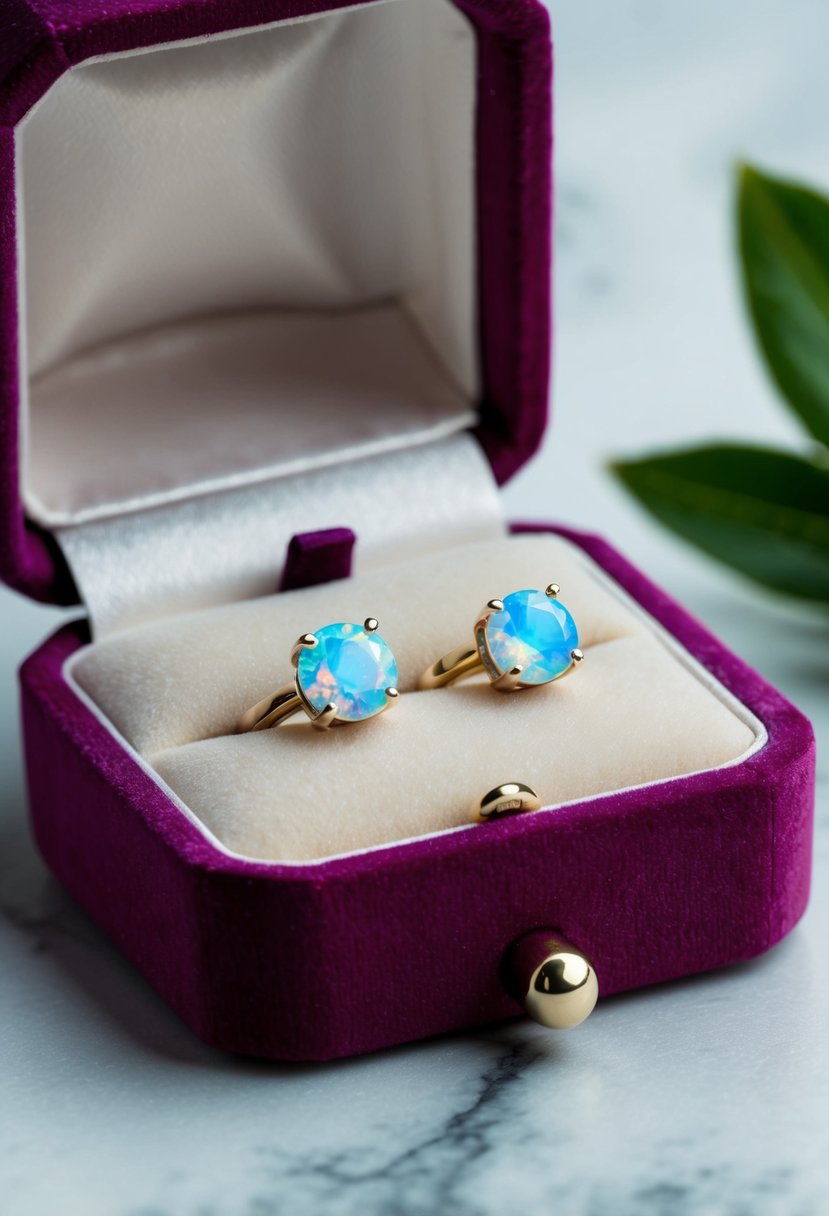 A pair of opal solitaire studs gleam in the soft light, nestled in a velvet jewelry box