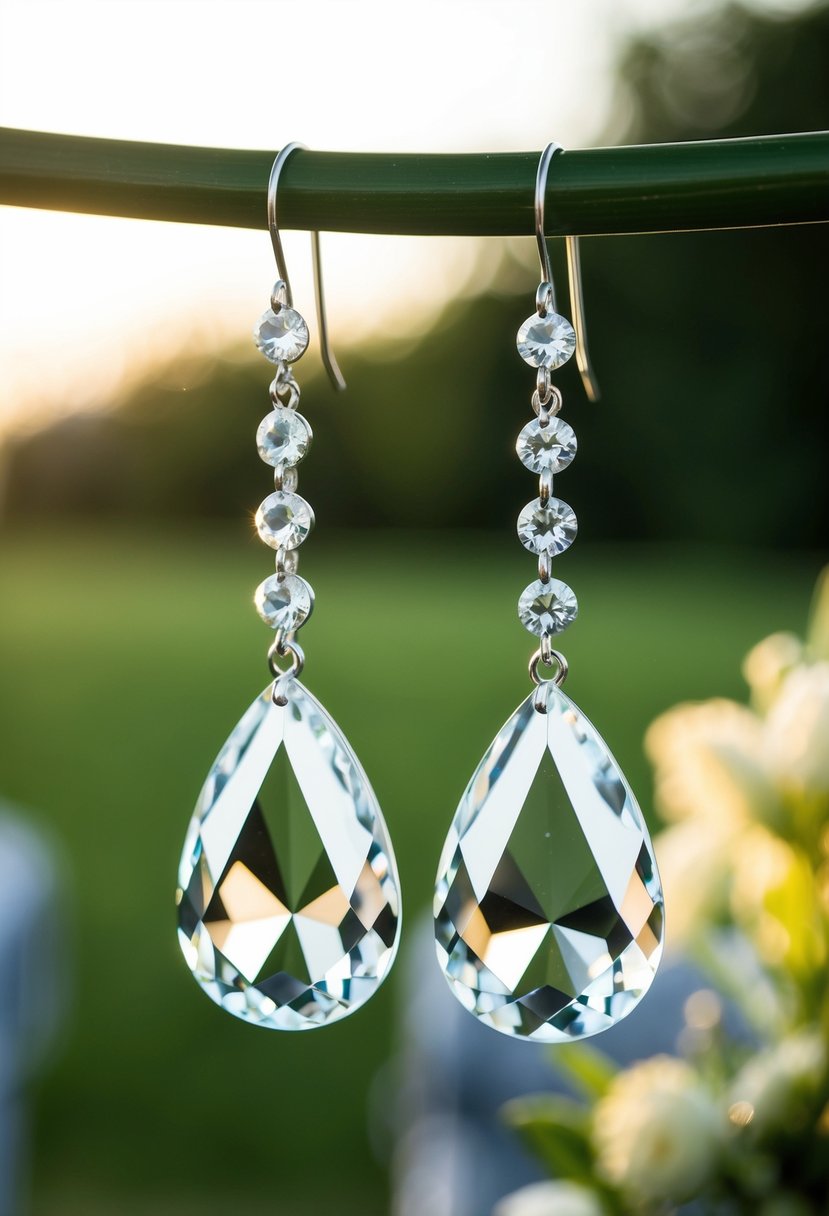 A sparkling pair of crystal teardrop danglers, suspended from delicate hooks, catching the light at a romantic outdoor wedding ceremony