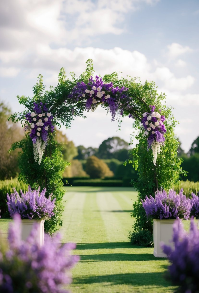 Lush green arbors adorned with purple flowers, creating a dreamy wedding backdrop