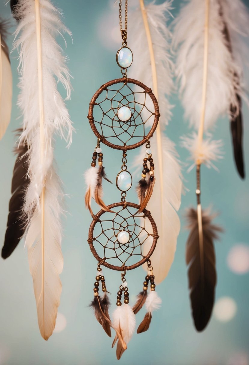 A dreamy display of Bohemian Opal Dreamcatcher wedding earrings, hanging delicately against a soft, ethereal backdrop of feathers and opal gemstones