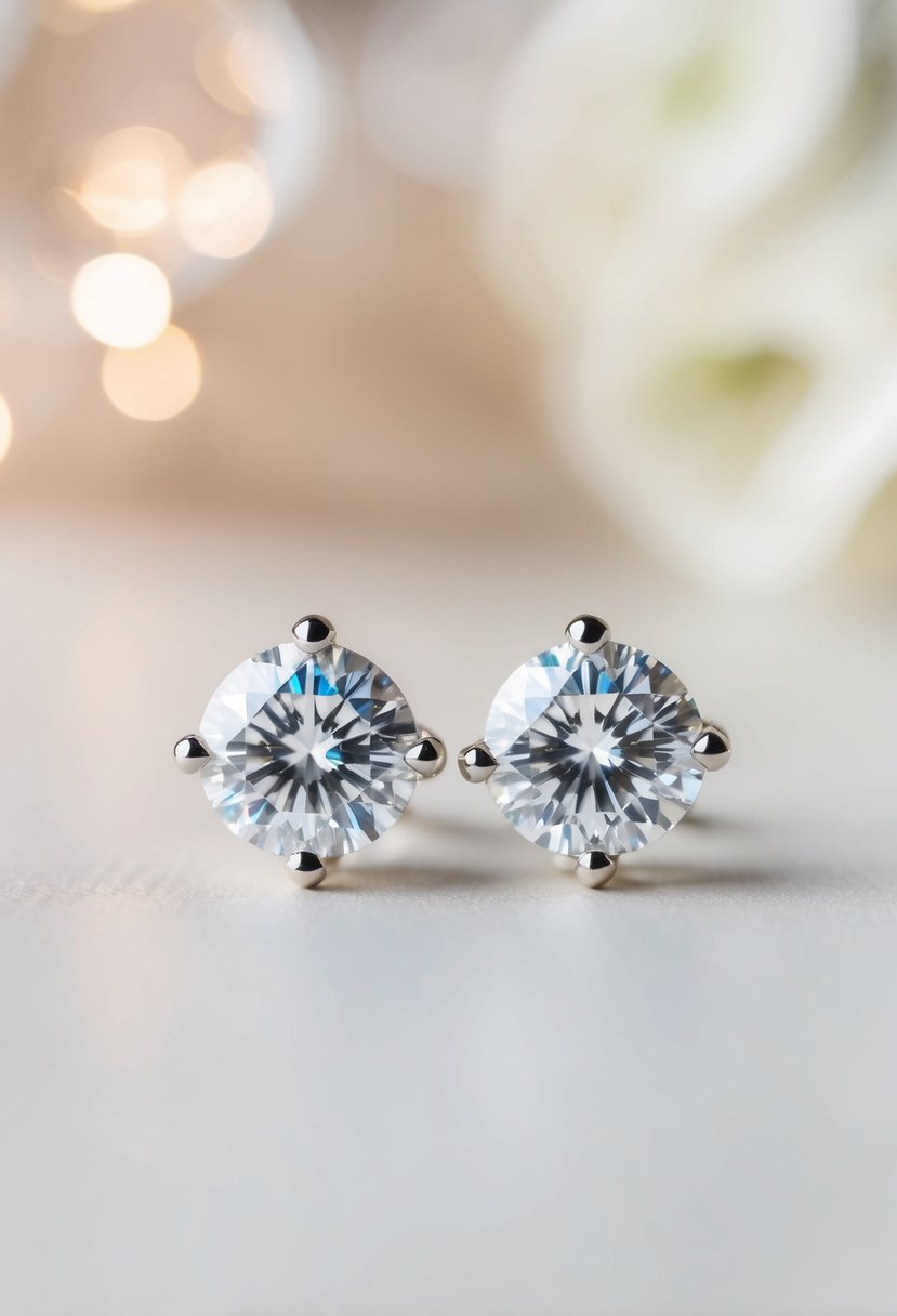 A close-up of a pair of diamond stud earrings, set against a soft, elegant background, with a subtle hint of wedding-related elements