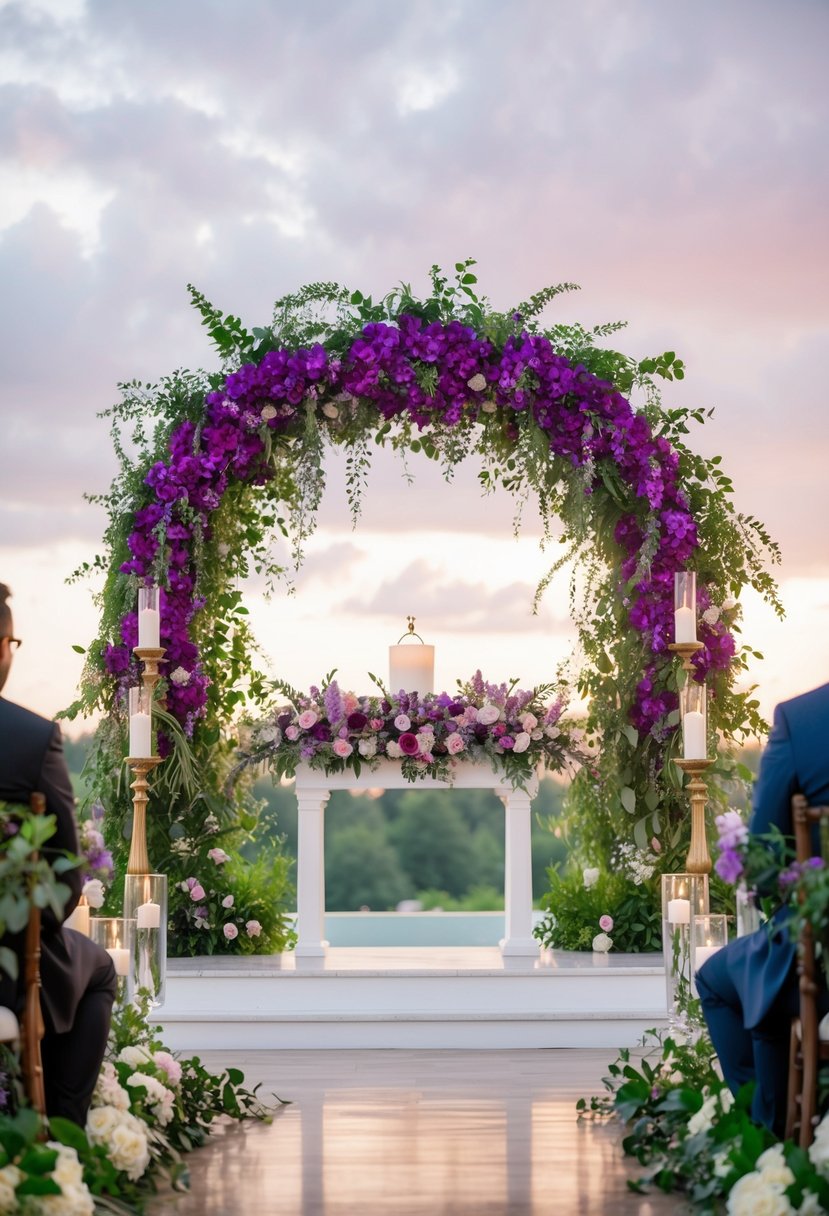 A lush floral altar with purple and green blooms in a romantic wedding setting