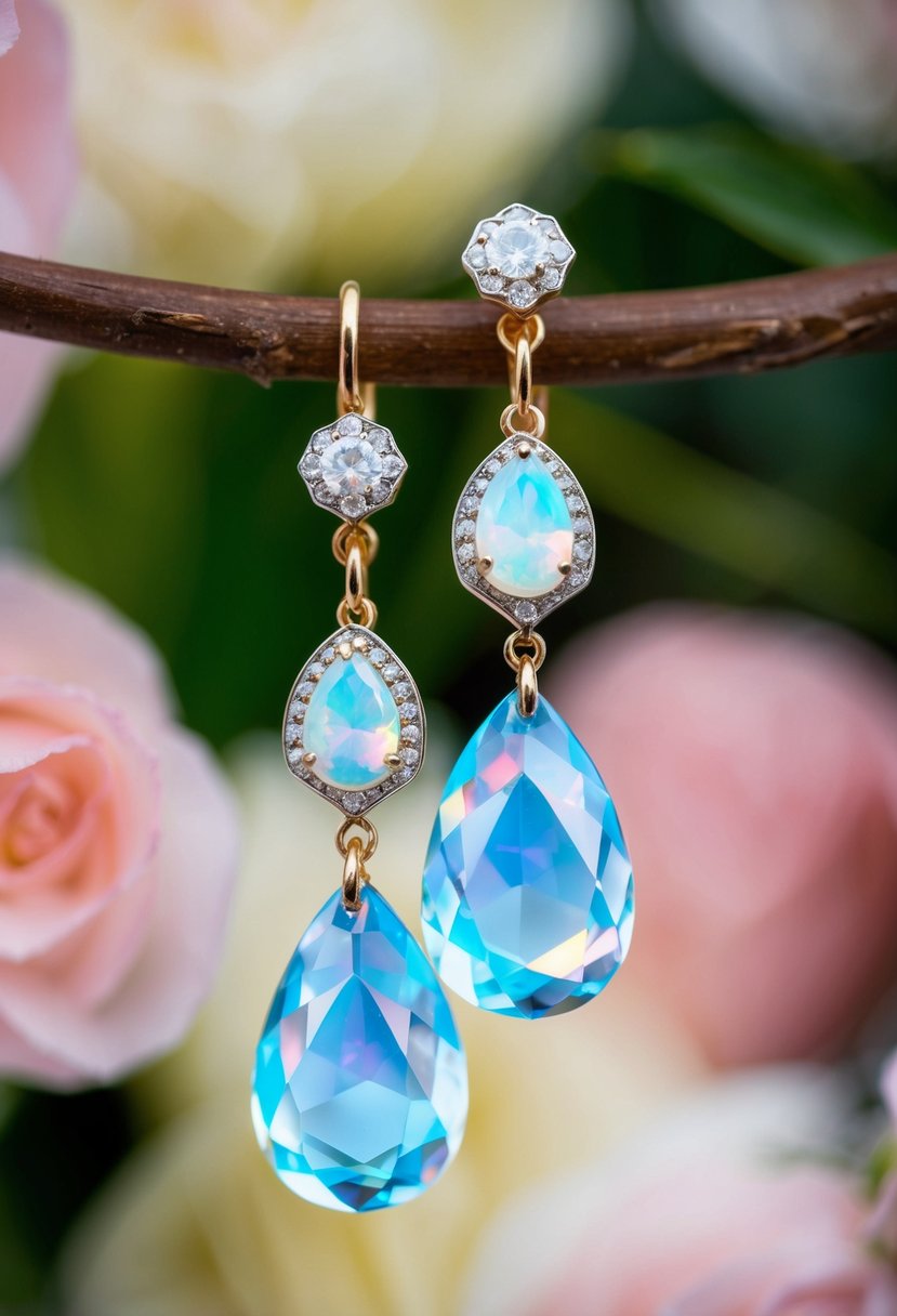 Opal and crystal drops dangle from Art Deco-inspired wedding earrings