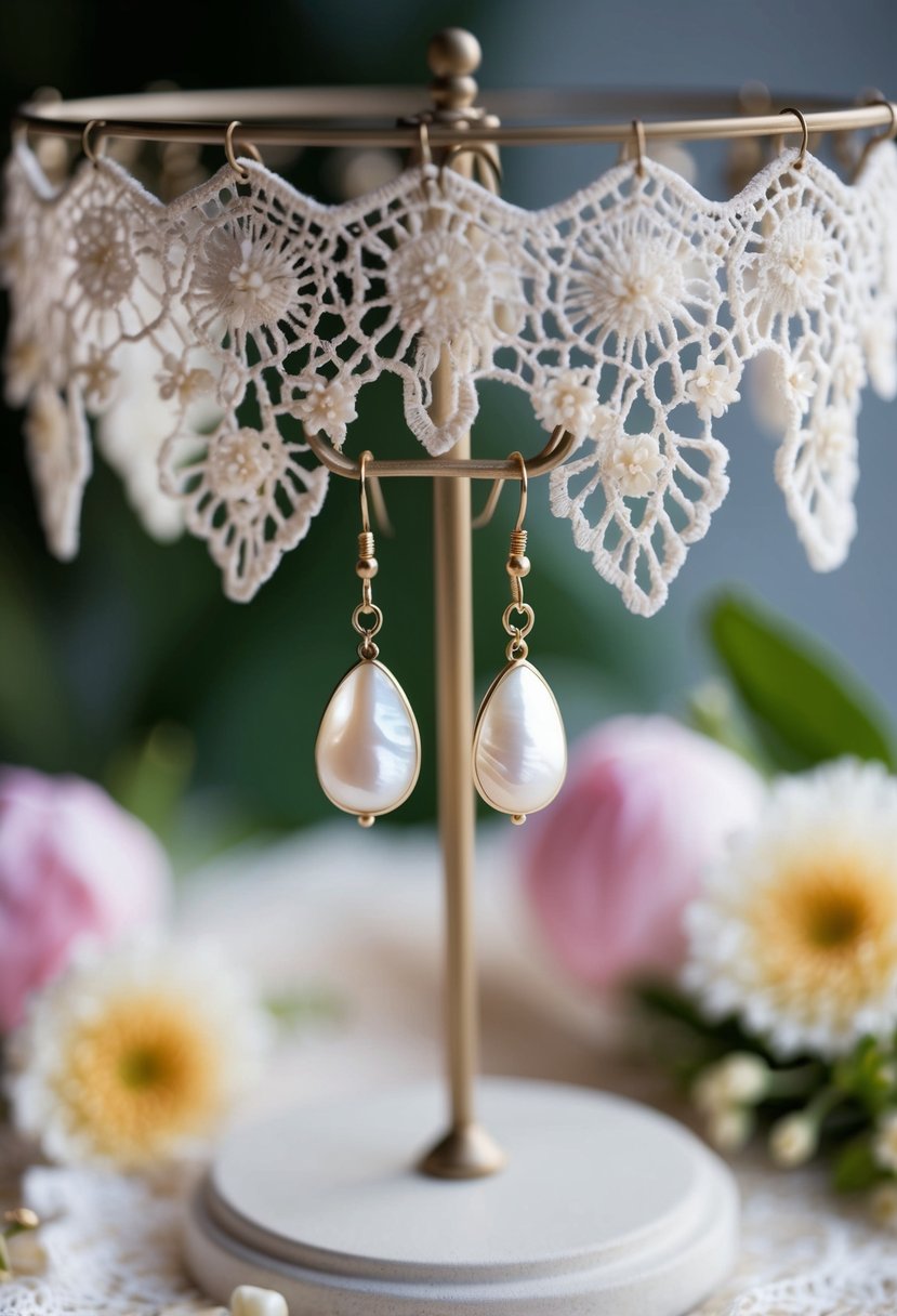 A pair of Mother-of-Pearl Dangle Earrings hanging from a jewelry stand, surrounded by delicate lace and floral details