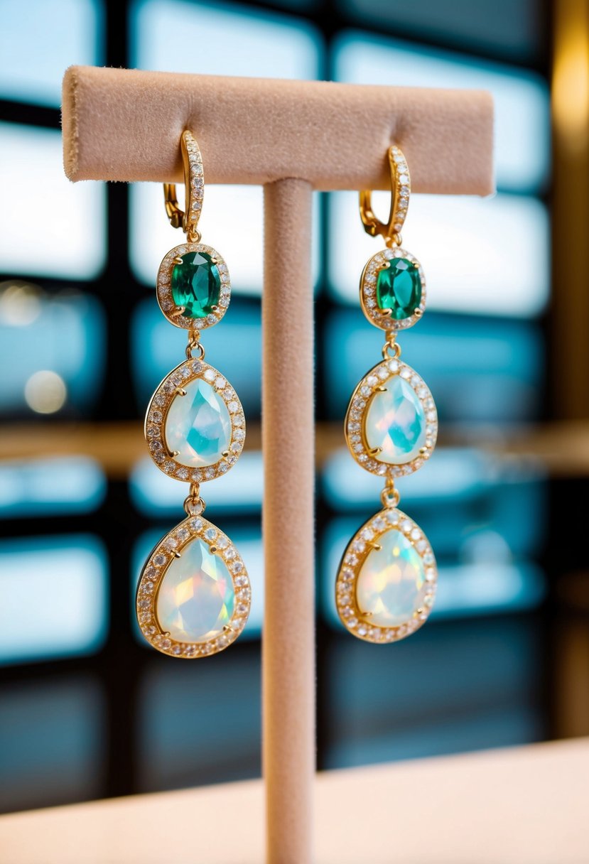 Shimmering opal and emerald dangle earrings on a velvet display, catching the light in a luxurious setting