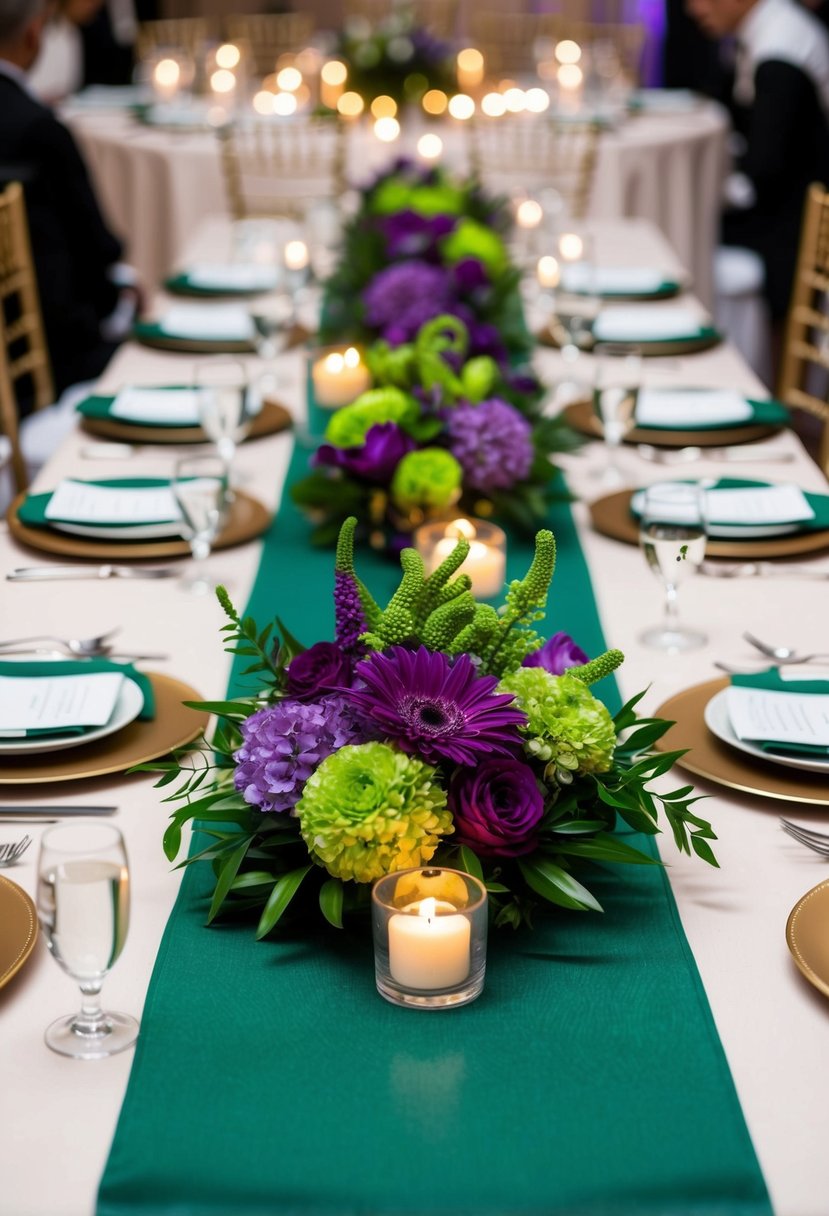 Lush green table runners adorned with purple and green floral arrangements, set against a backdrop of elegant place settings and twinkling candlelight