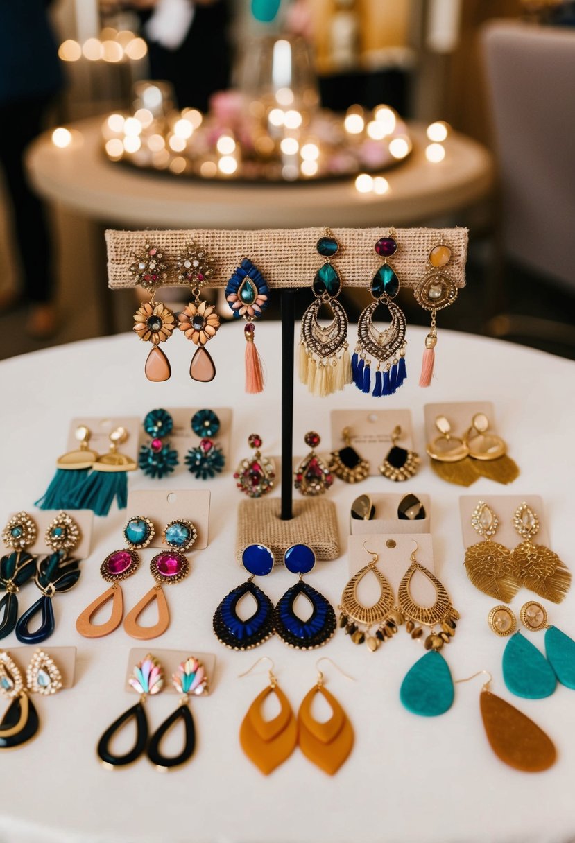 A table adorned with bohemian-inspired statement earrings in a variety of styles and colors, arranged in an eye-catching display