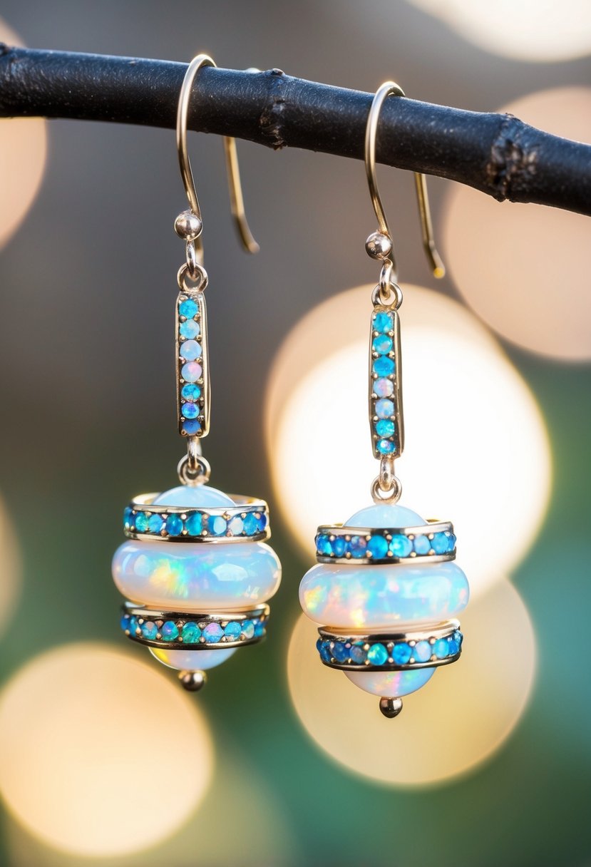 Opal-embellished cuffs dangle from a delicate earring hook, catching the light with their iridescent hues