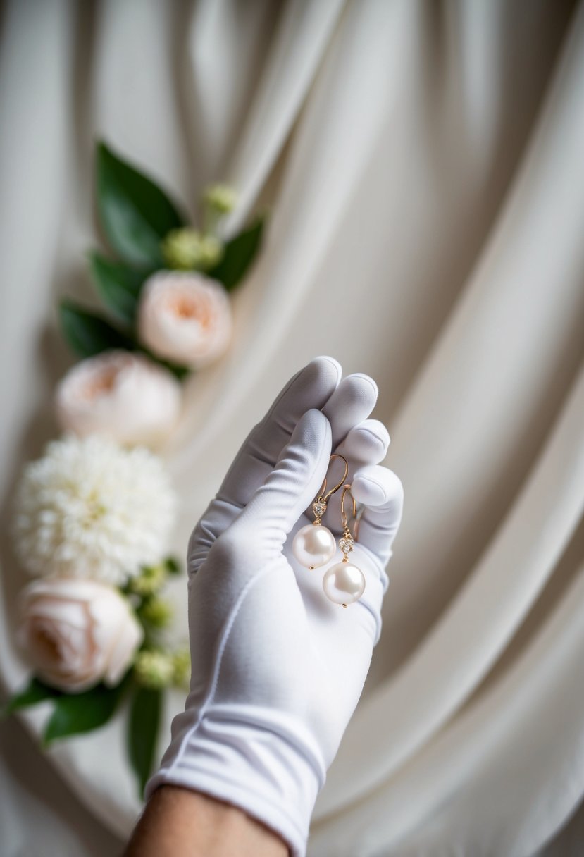 A white-gloved hand delicately holds a pair of pearl drop earrings against a backdrop of soft, flowing fabric and floral accents