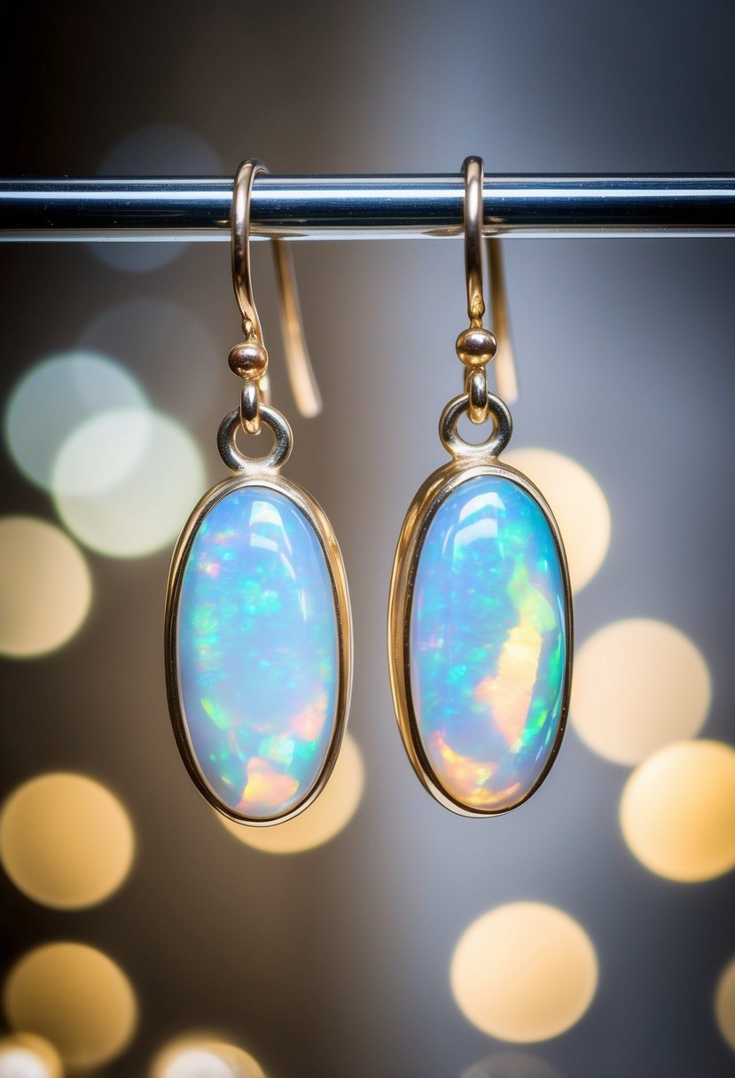 A pair of oval opal danglers dangle from a display, catching the light and casting a soft, iridescent glow