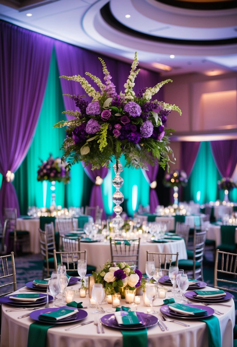 A lavish wedding reception adorned with amethyst and emerald decor, featuring purple and green floral arrangements, elegant table settings, and shimmering accents