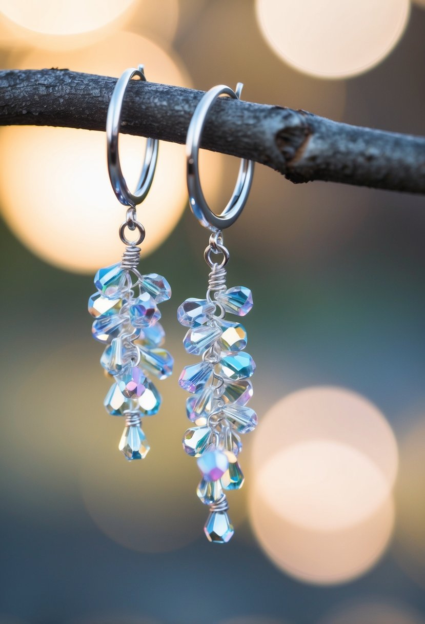 Iridescent crystal clusters dangle from delicate silver hoops, catching the light and casting a shimmering glow