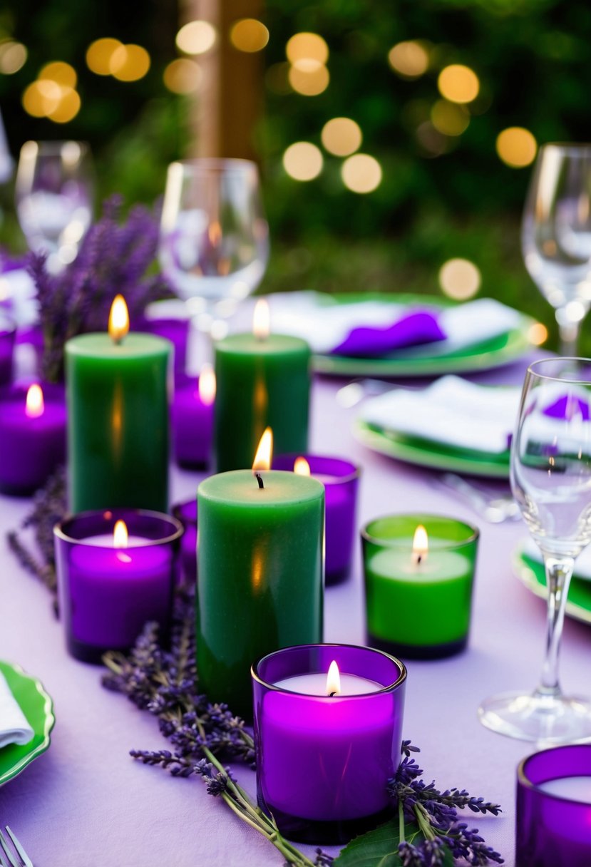 A table adorned with purple and green candles, emitting a soothing lavender scent, creating a romantic ambiance for a wedding celebration