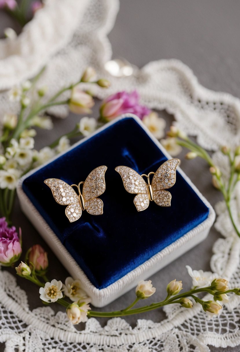 A sparkling pair of gold papillon earrings displayed on a velvet cushion, surrounded by delicate lace and floral accents