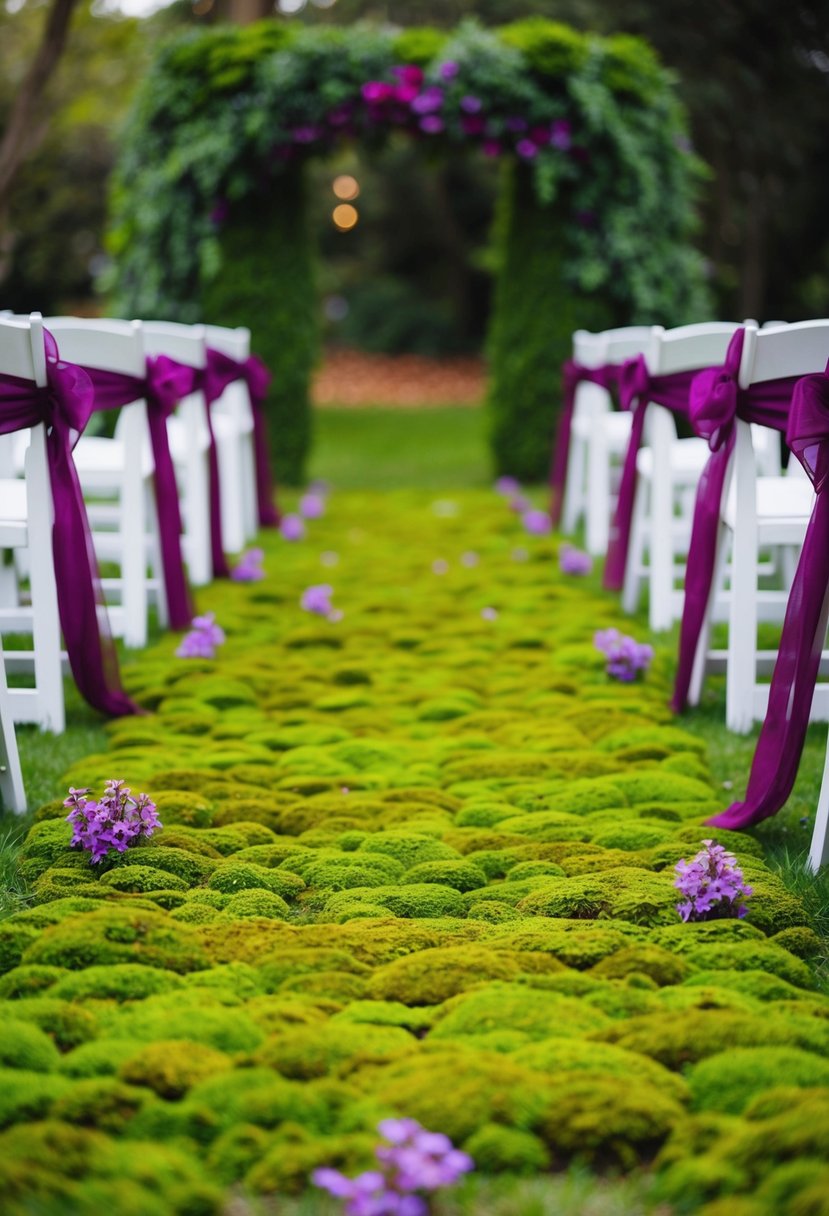 A lush moss-covered aisle with vibrant plum accents and scattered purple flowers