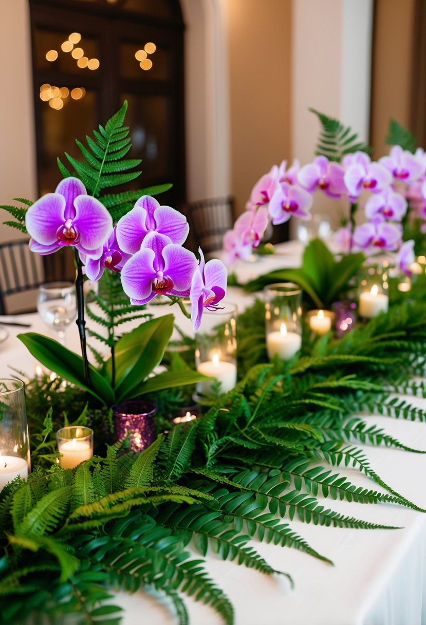 A table adorned with lush green ferns and delicate purple orchids, creating an elegant and vibrant centerpiece for a wedding celebration