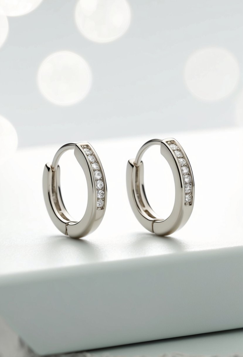 Two simple, elegant huggie earrings with delicate diamond accents, displayed against a clean white background