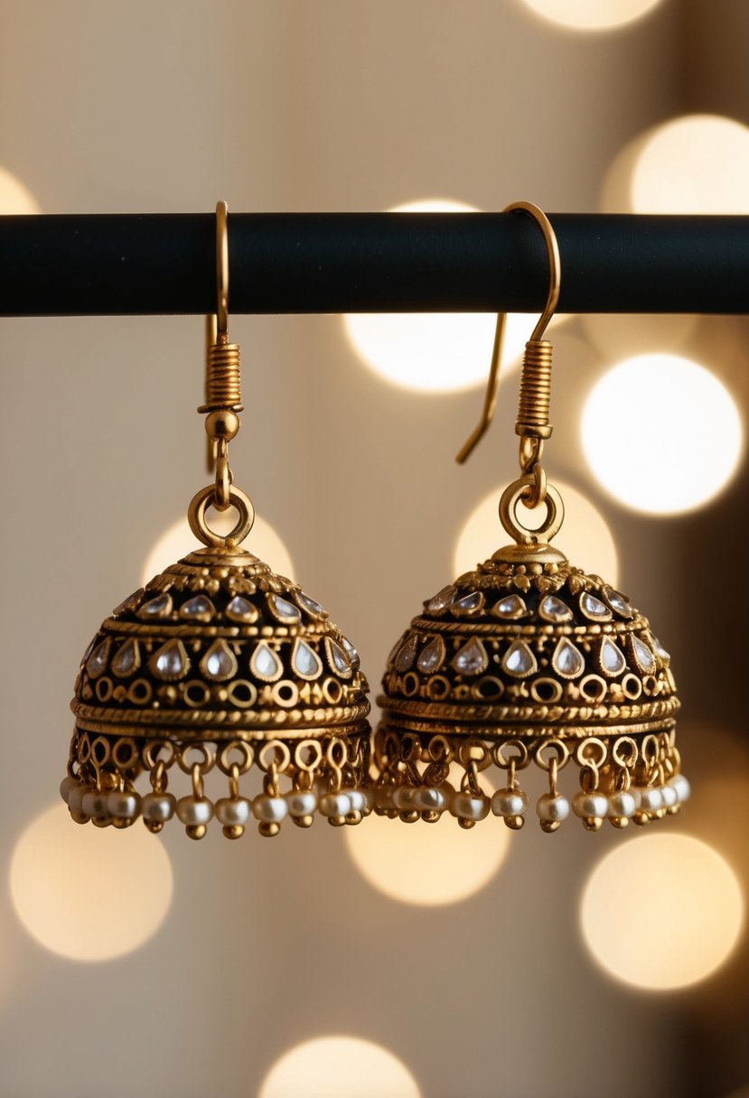 A pair of dome-shaped jhumkas adorned with intricate designs, hanging delicately from a golden earring hook