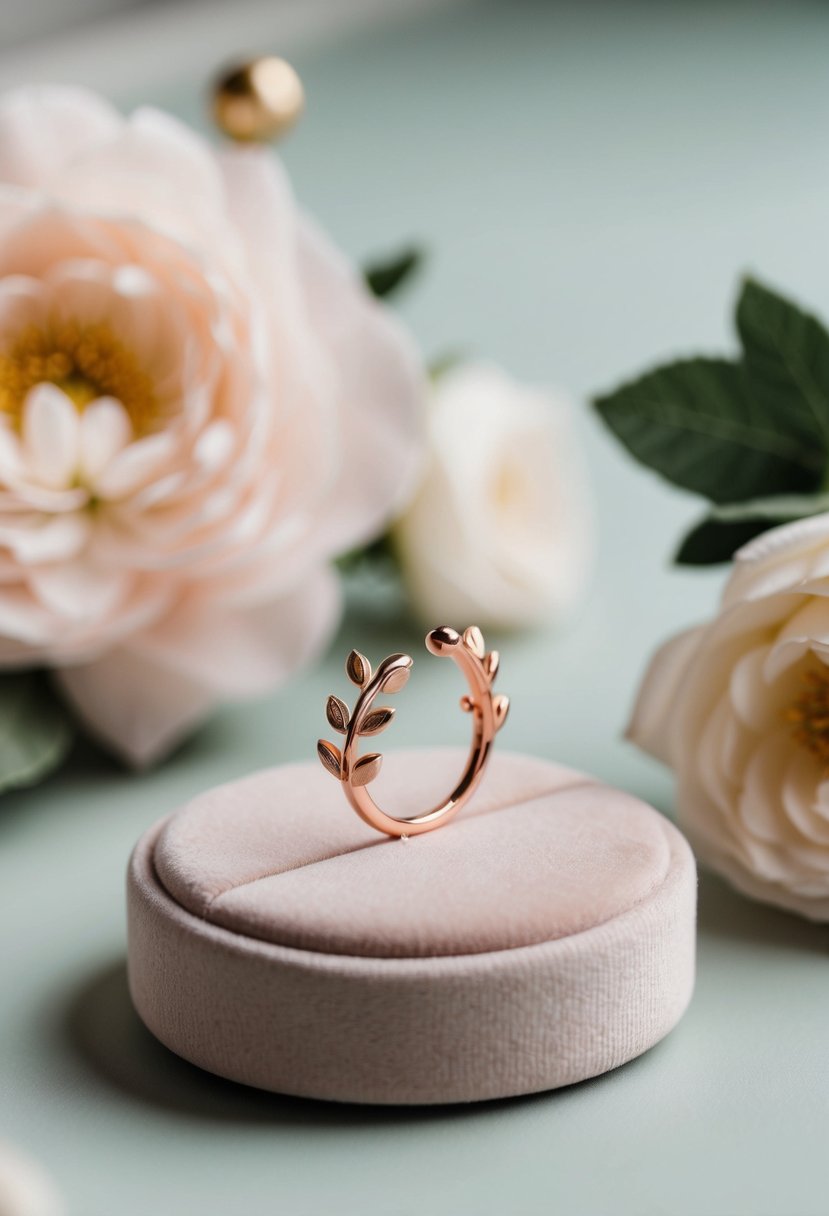 A delicate rose gold earring displayed on a velvet cushion with soft lighting and floral accents