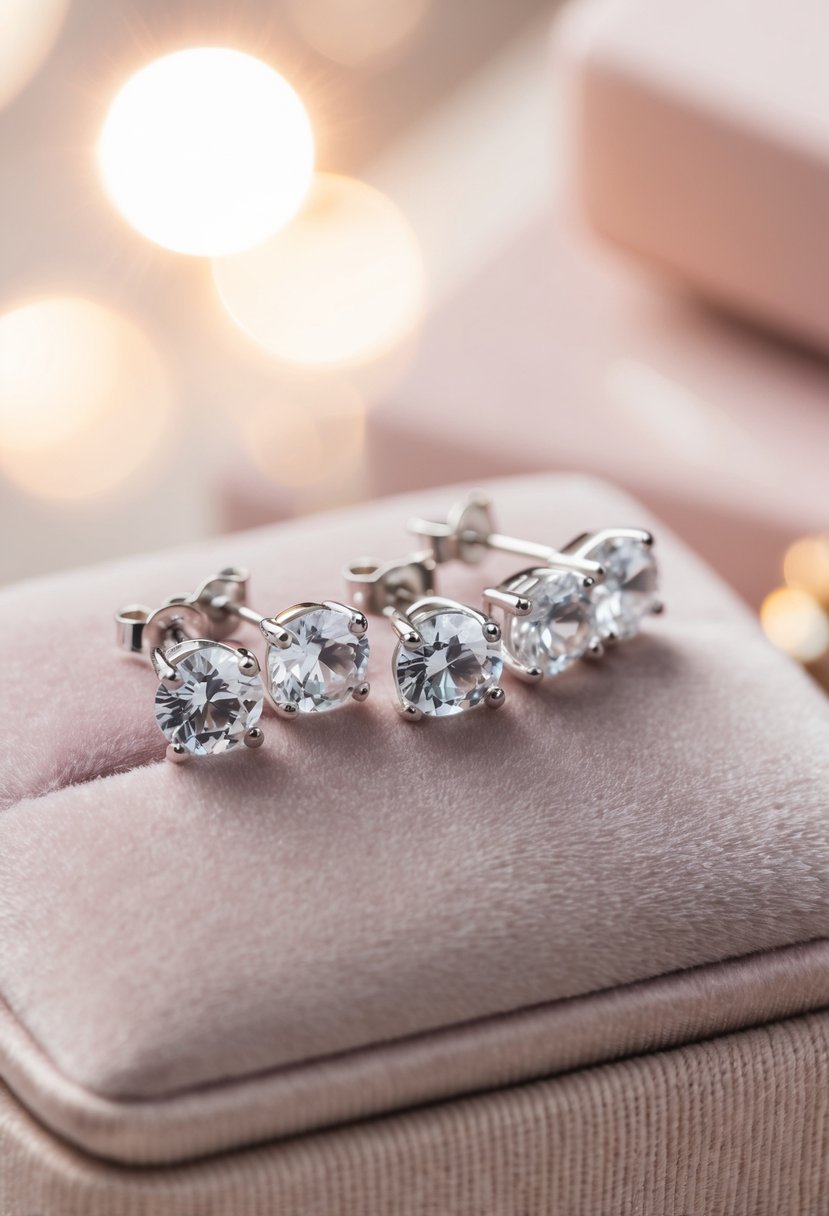 A close-up of sparkling CZ stud earrings arranged on a soft, pastel-colored velvet cushion, with gentle lighting to showcase their shimmer