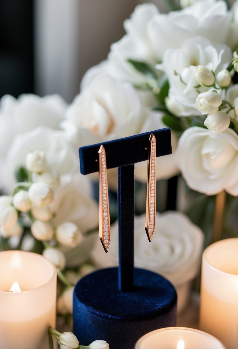 Rose gold linear spear drop earrings on a velvet display, surrounded by delicate white flowers and soft candlelight