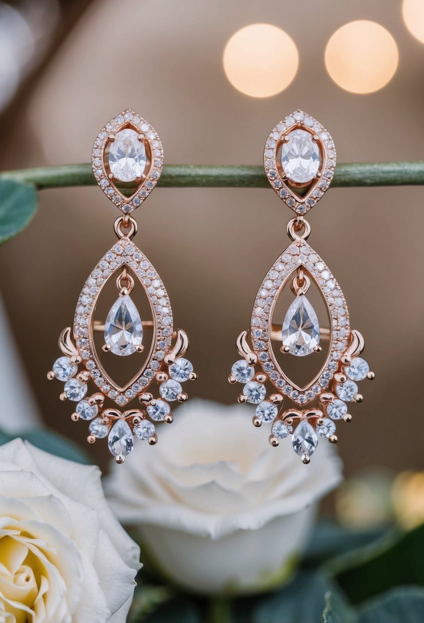 A pair of intricate chandelier earrings with sparkling pave CZ stones, in a romantic rose gold finish, perfect for a wedding ensemble