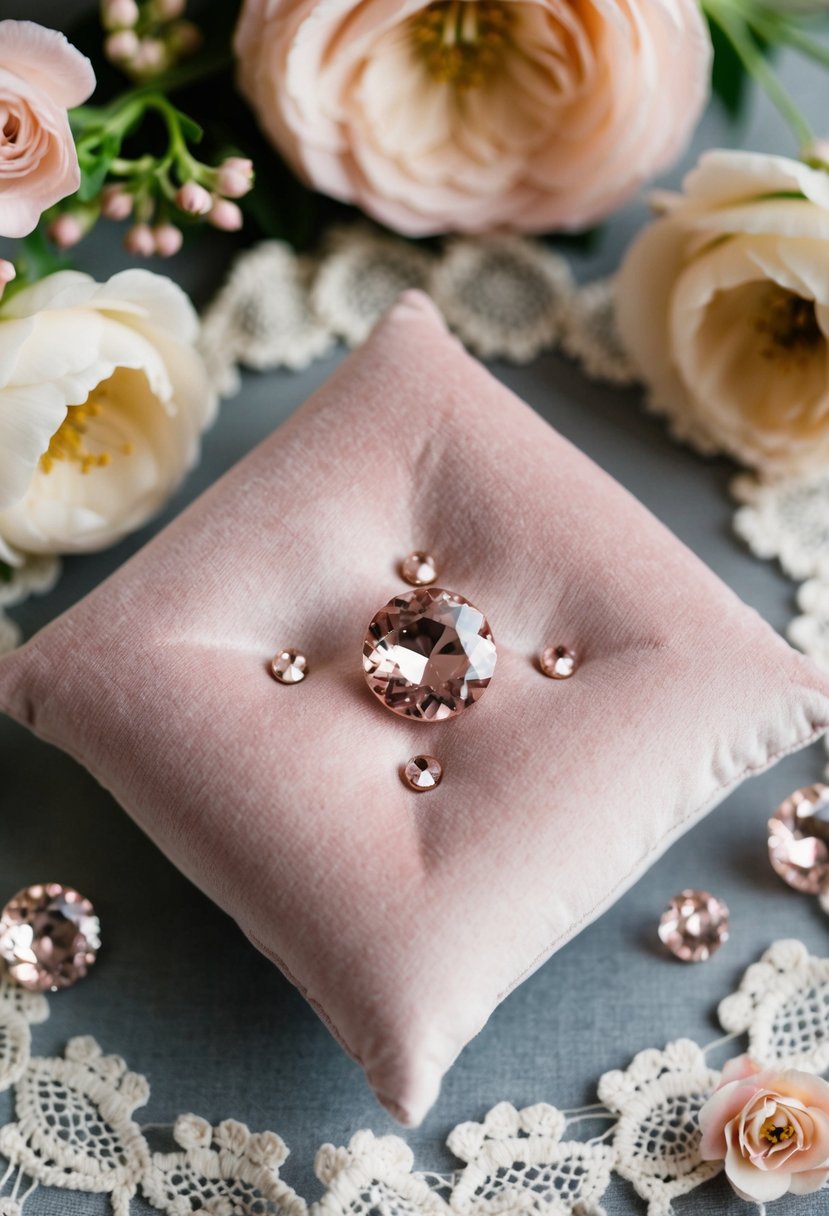 A close-up of Blush Pink Crystal Studs on a velvet cushion, surrounded by delicate lace and floral accents