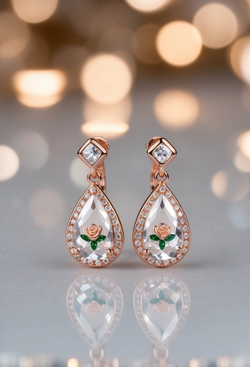 A pair of delicate rose gold earrings shaped like teardrops, adorned with sparkling crystals and a small rose motif