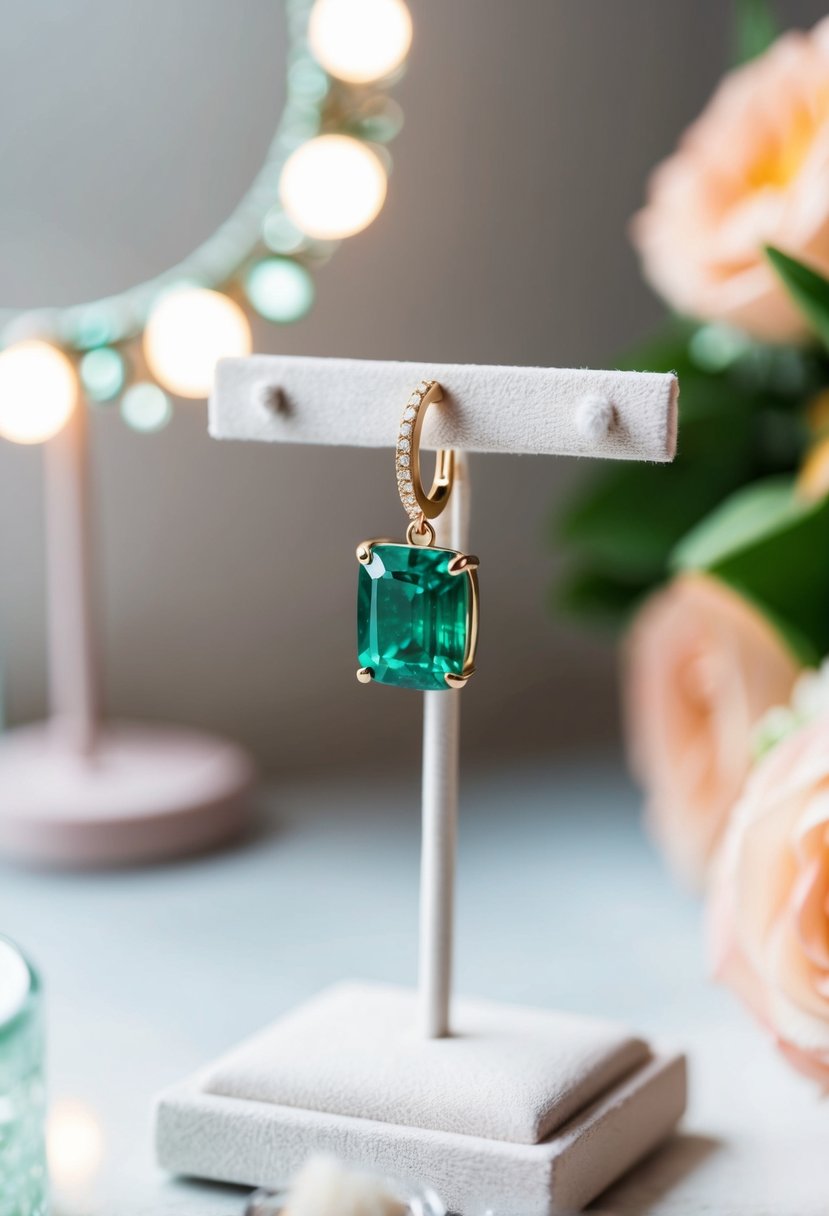 A sparkling emerald earring hanging from a delicate display stand, surrounded by soft lighting and a hint of floral decor