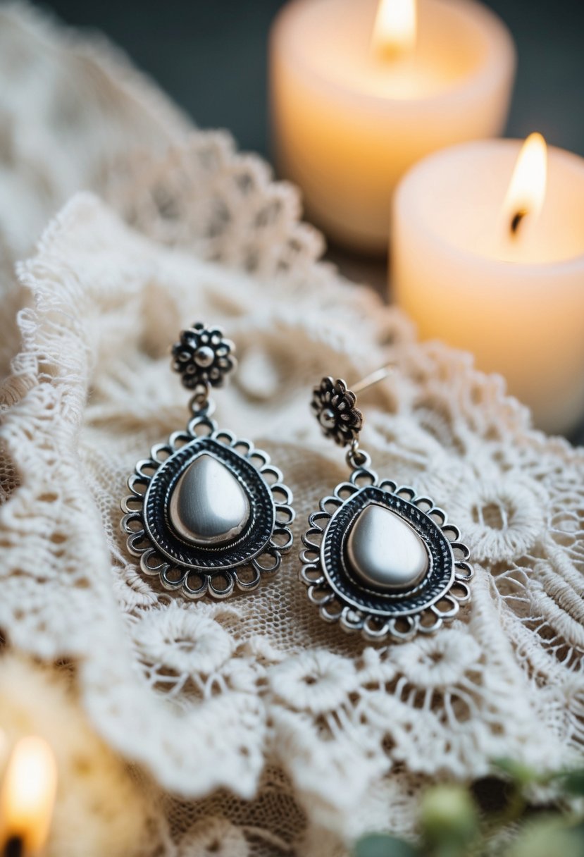 A close-up of silver vintage drop earrings on a delicate lace fabric, surrounded by soft candlelight