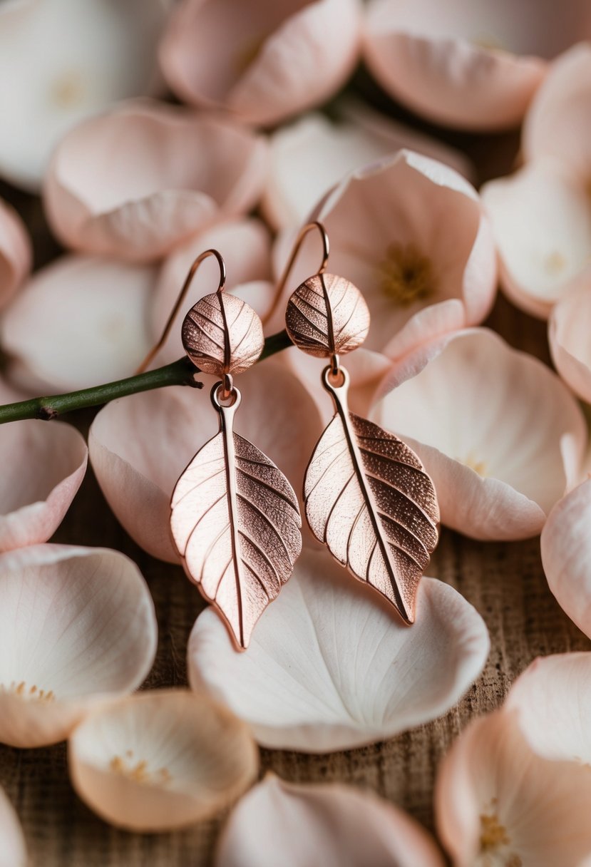 A delicate pair of rose gold leaf drop earrings resting on a bed of soft blush-colored petals