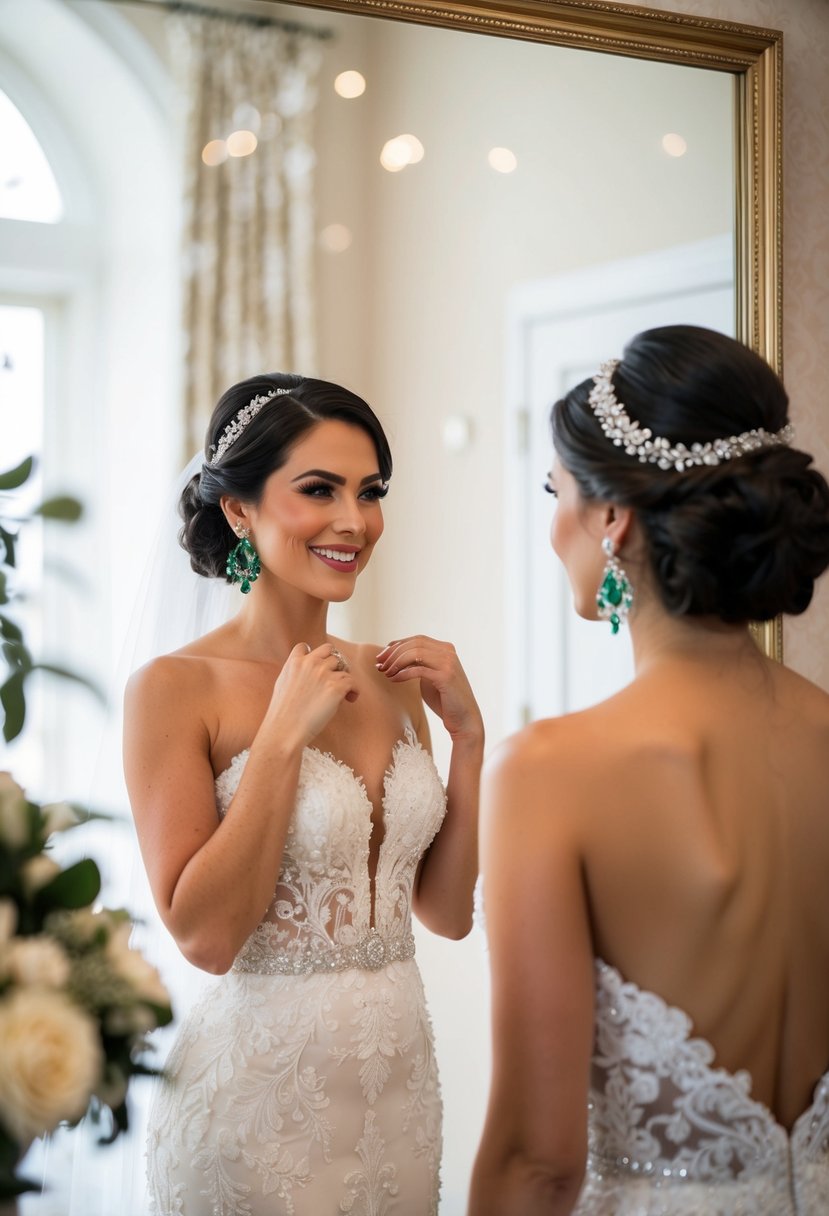 A bride wearing emerald chandelier earrings, standing in front of a mirror admiring her glamorous wedding look