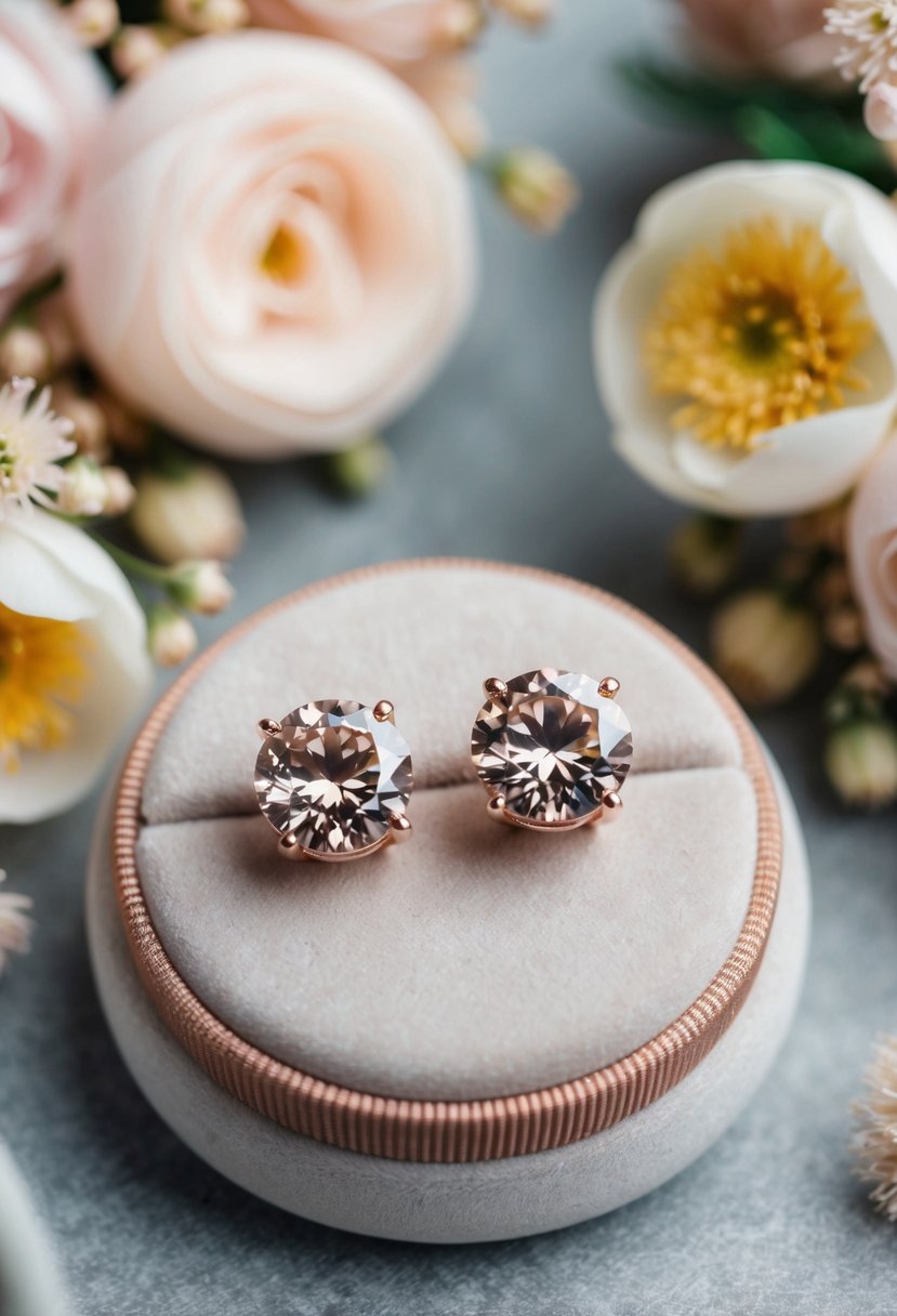 A pair of rose gold cubic zirconia earrings displayed on a velvet cushion, surrounded by delicate floral arrangements and soft lighting