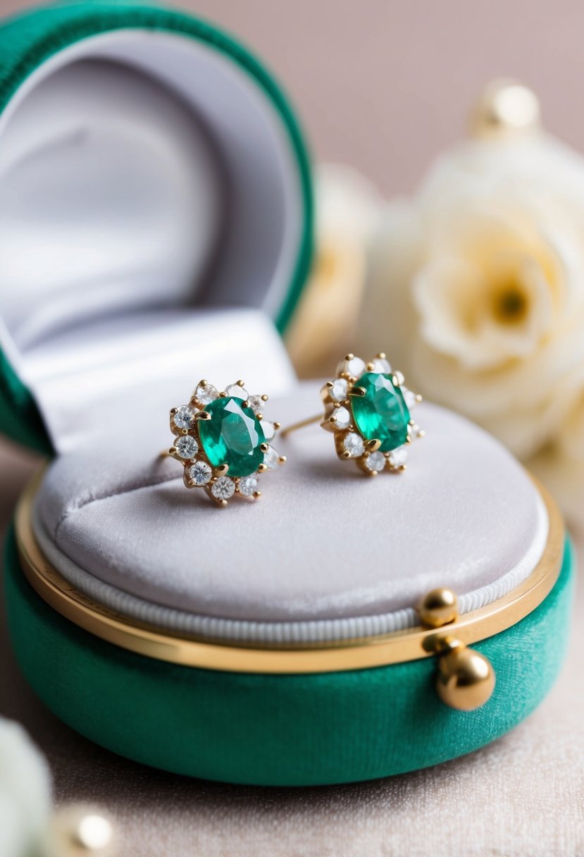 A close-up of vintage-inspired emerald studs with diamond accents, displayed on a velvet cushion against a soft, romantic background