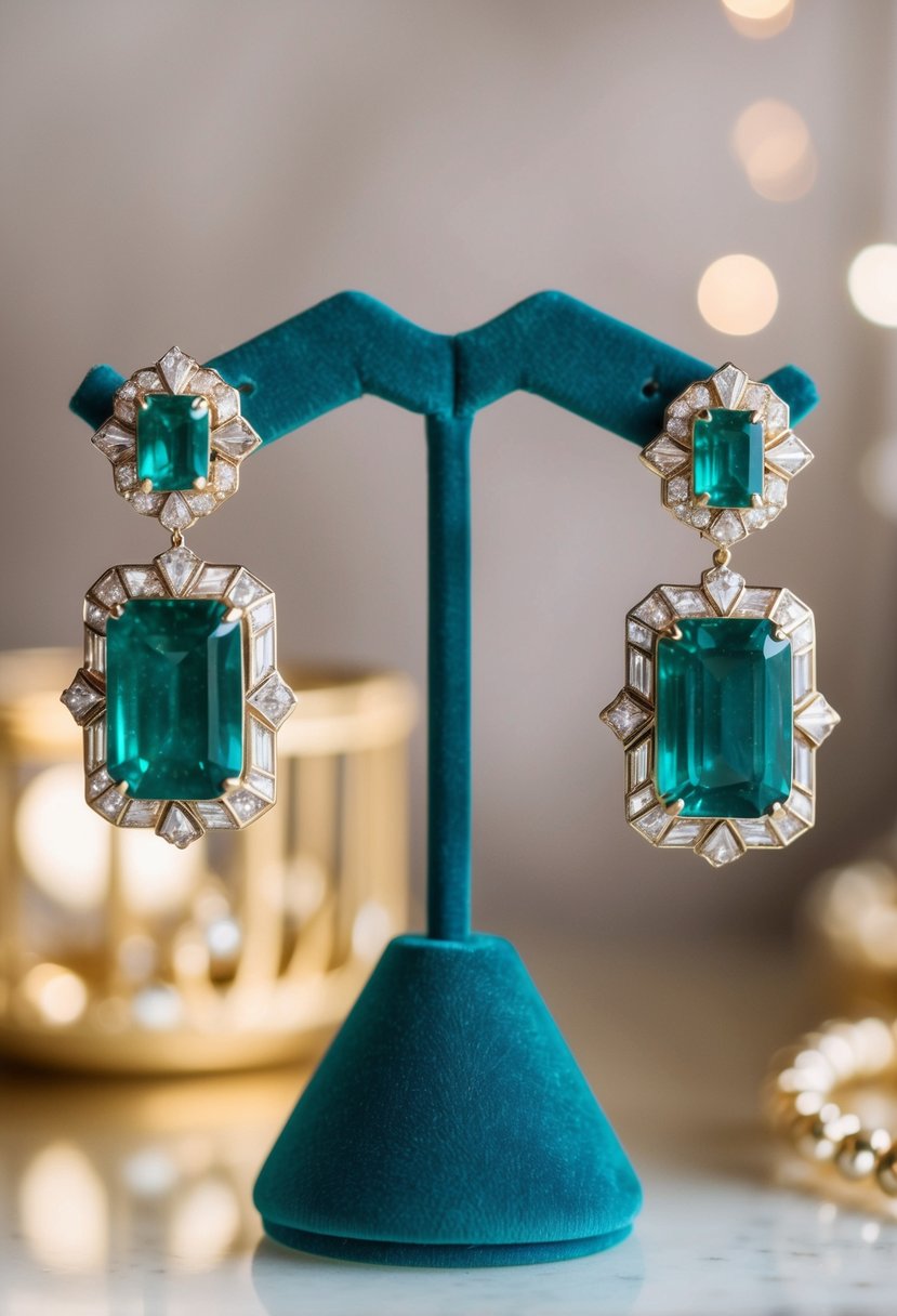 A glamorous art deco style emerald drop earrings displayed on a velvet jewelry stand