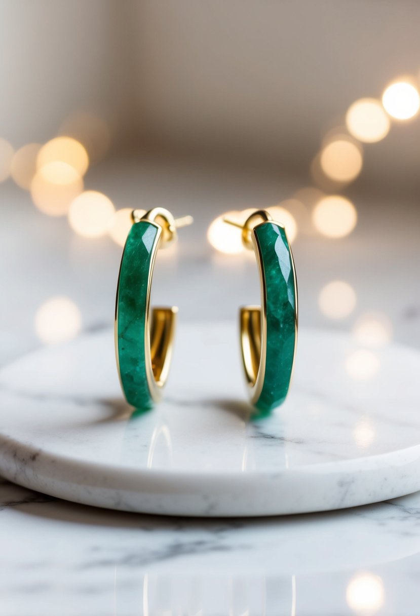 A simple, elegant pair of emerald hoop earrings displayed on a white marble surface with soft natural lighting