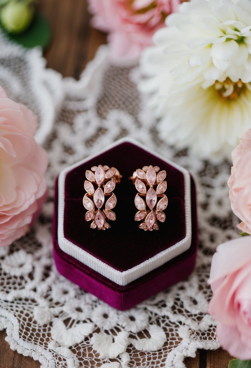 A pair of vintage-inspired rose gold earrings displayed on a velvet cushion, surrounded by delicate lace and floral accents