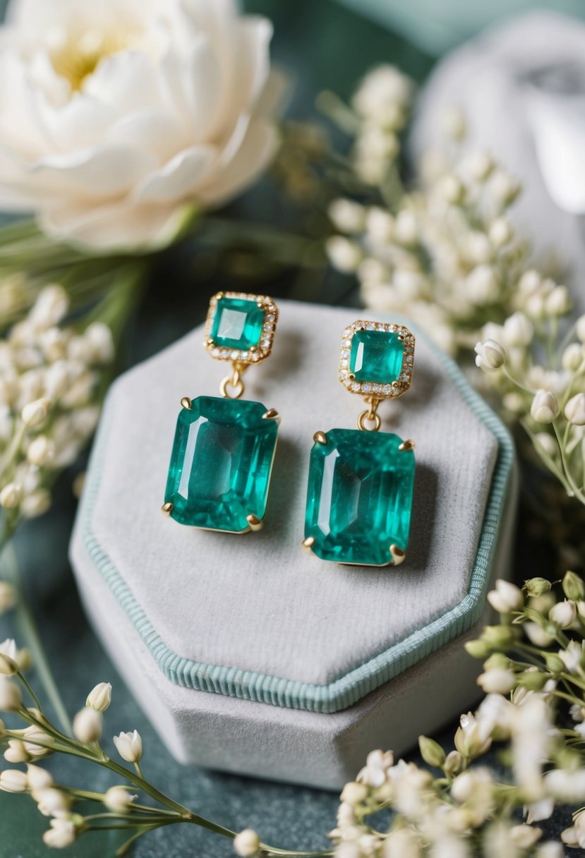 A pair of custom handmade emerald and gold earrings displayed on a velvet cushion, surrounded by delicate floral arrangements