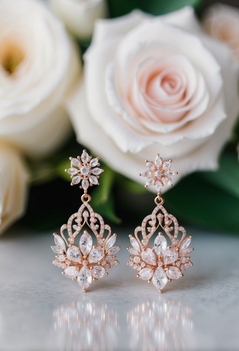 A pair of intricate rose gold bridal earrings adorned with delicate floral designs, sparkling in the soft light of a wedding setting