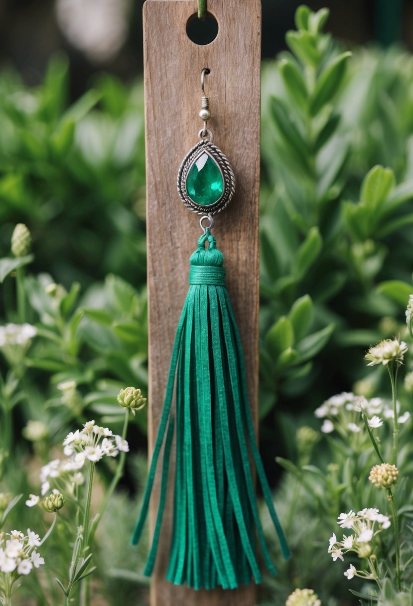 A bohemian-style emerald tassel earring hanging from a rustic wooden display, surrounded by lush greenery and delicate wildflowers